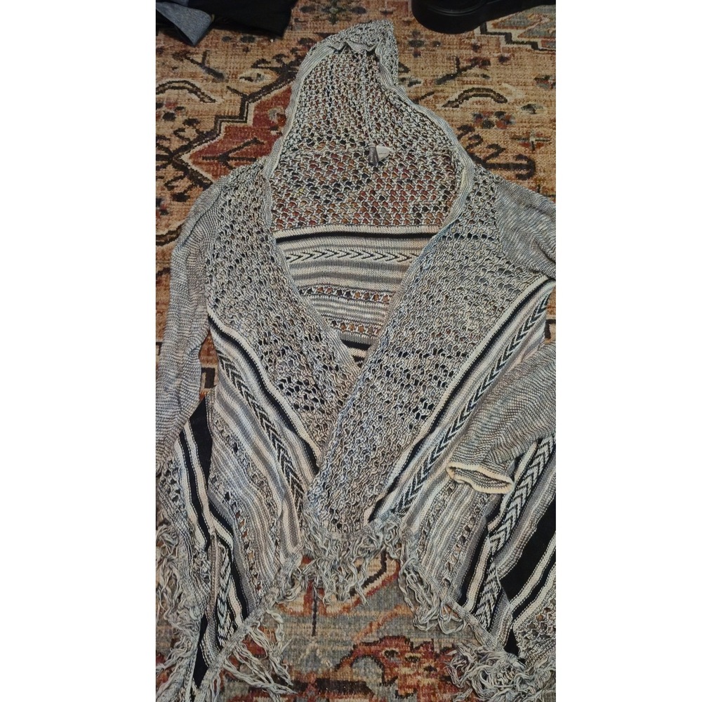 Vanity Womens Large Hooded Open Front Cardigan Fringe Boho Knit Grey Black L
